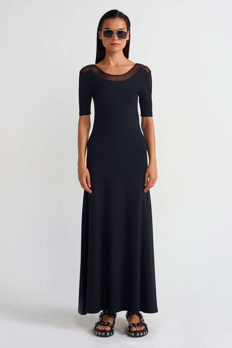 NU Mesh Detail Long Dress Black