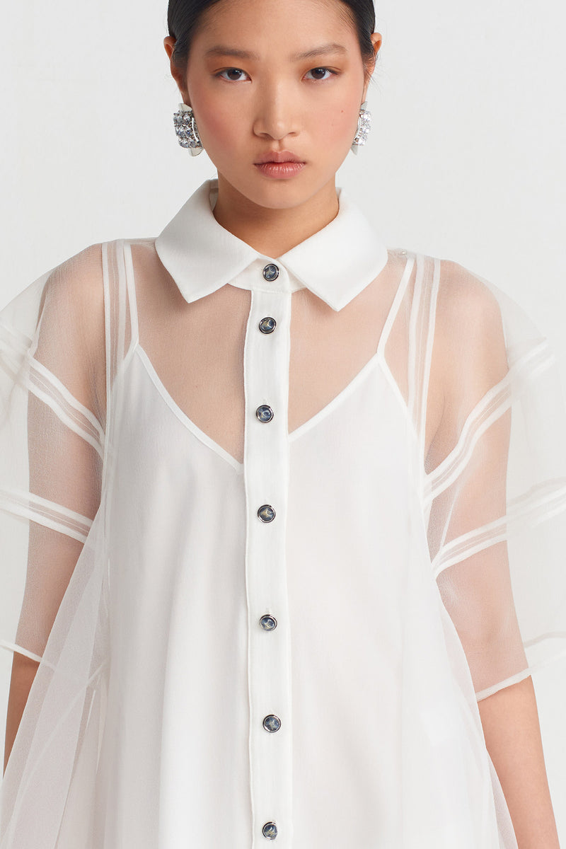 Nu Elegant Shirt Dress With Organza Details Off White