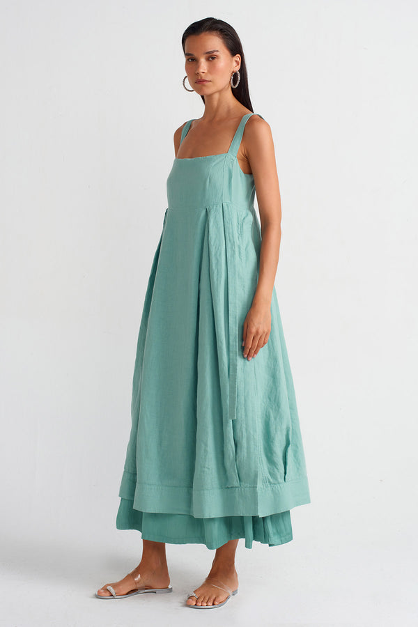 NU Strappy Linen And Satin Combination Dress Turquoise