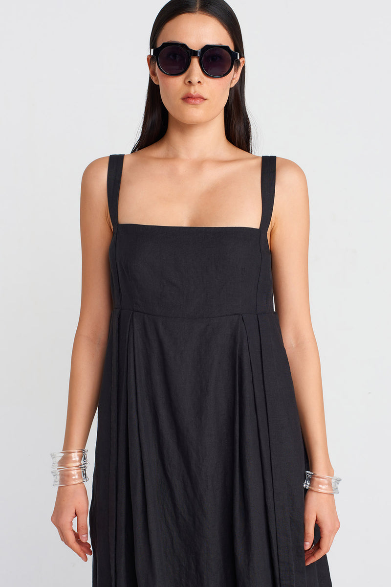 NU Strappy Linen And Satin Combination Dress Black/Offwhite