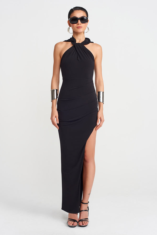NU Deep Slit Chic Jersey Dress Black