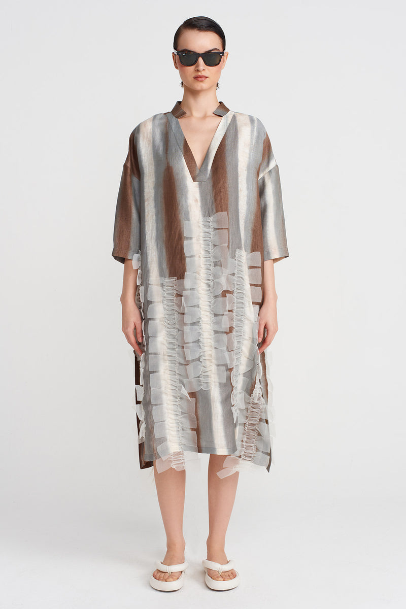 NU Printed V-Neck Dress Brown/White