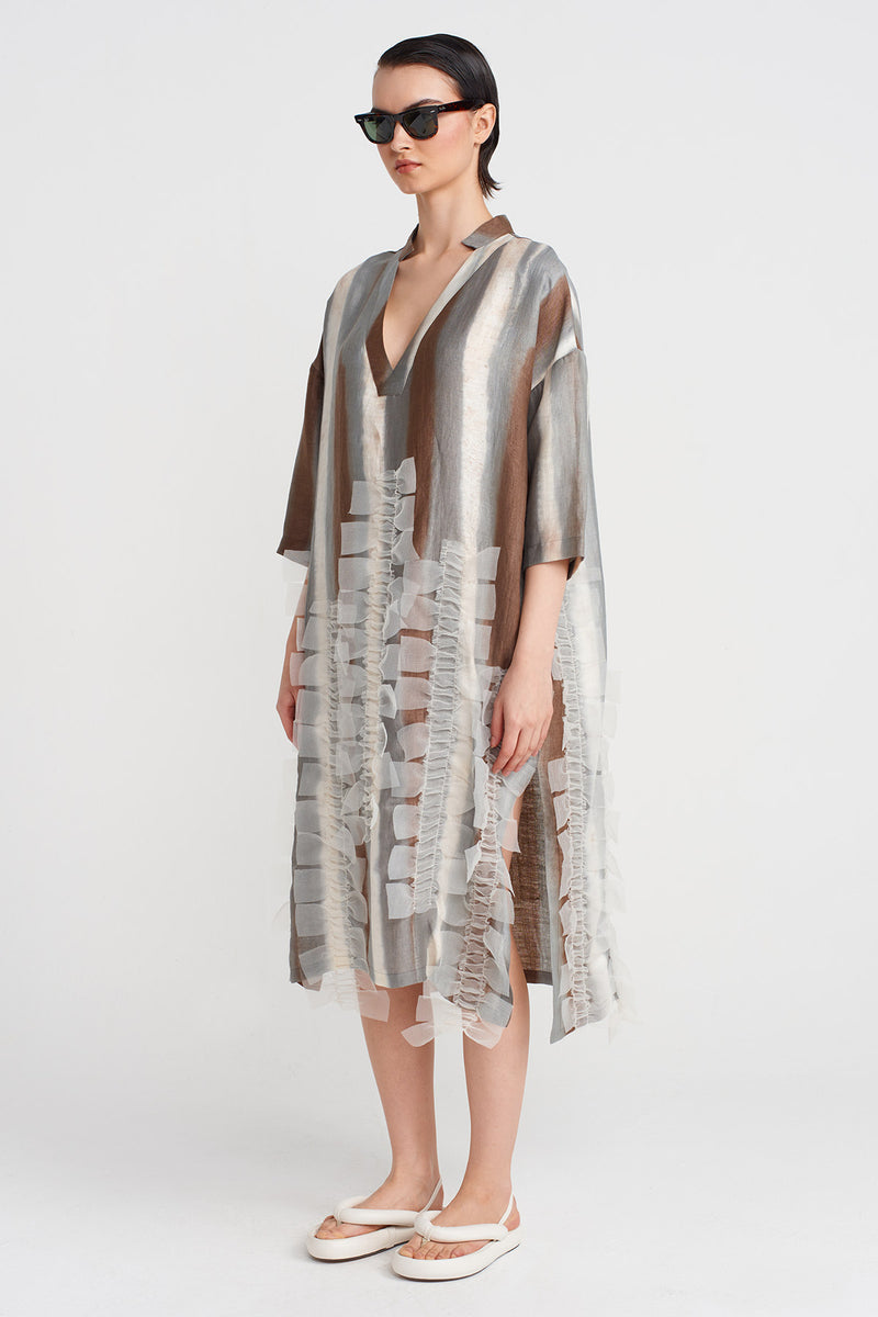 NU Printed V-Neck Dress Brown/White