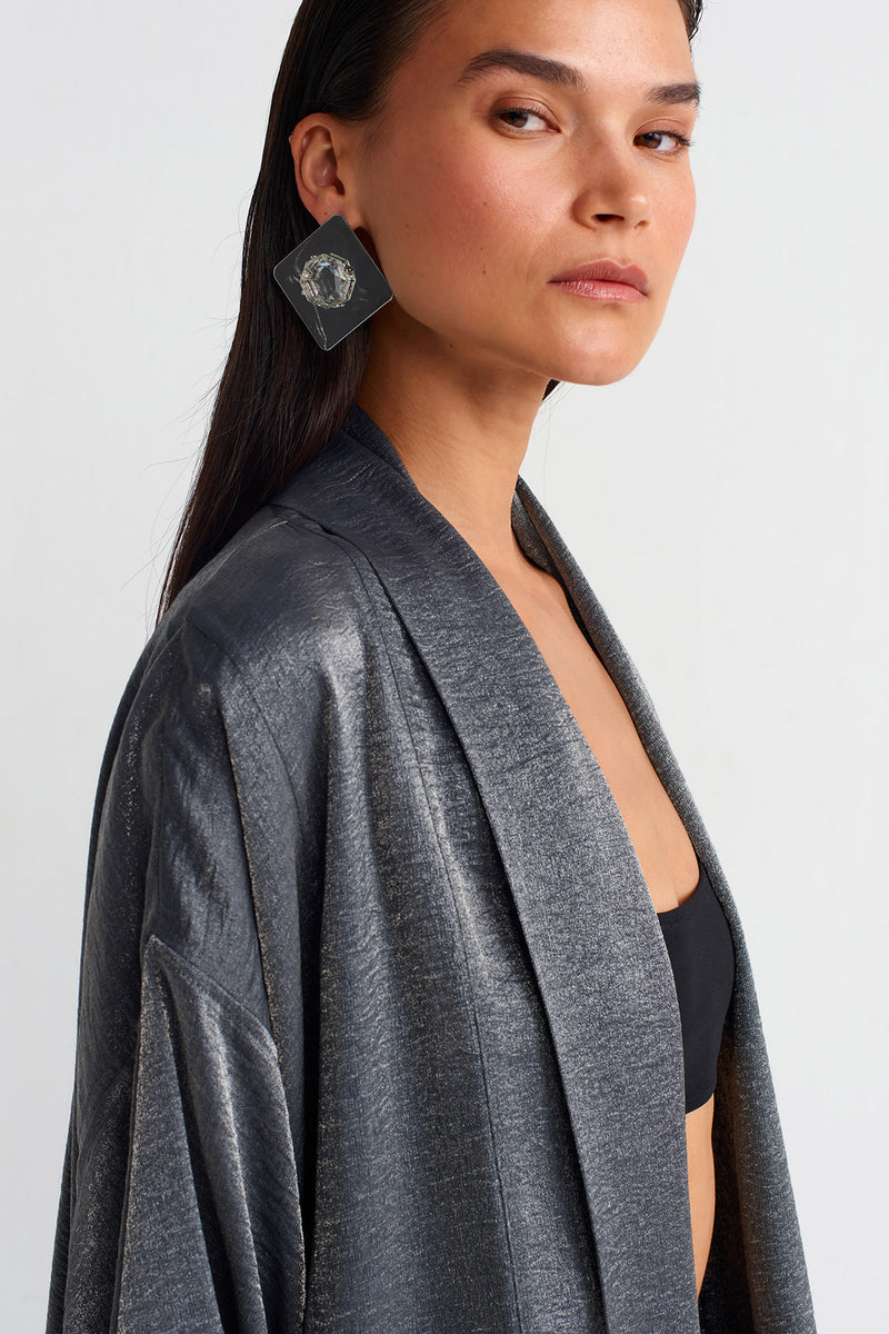 Nu Shiny Fabric Long Kimono Grey