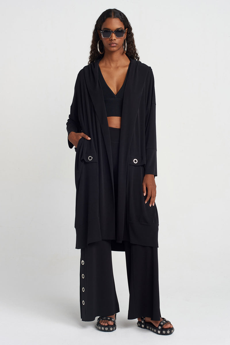 Nu Eyelet, Hooded Jersey Cardigan Black