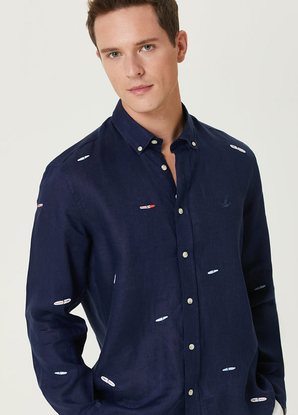 Beymen Club Men Surfboard Embroidered Linen Shirt Navy Blue