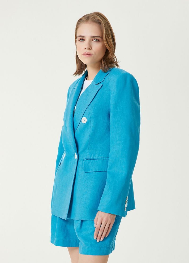 Beymen Club Double Breasted Linen Blazer Blue