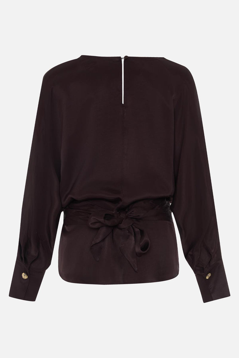 Setre Waist Tie Detailed Long Sleeve Blouse Chocolate Brown