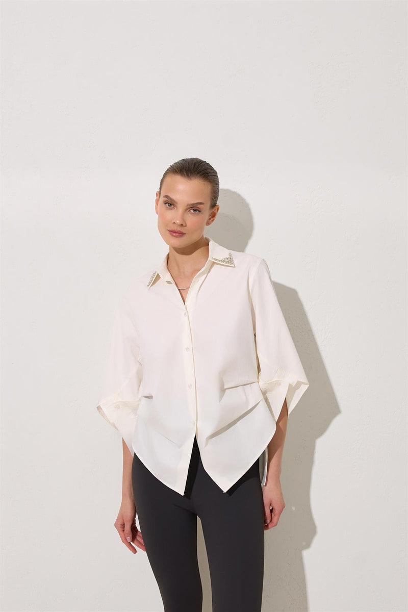 Setre Shirt With Stone And Sleeve Detail On The Collar Ecru