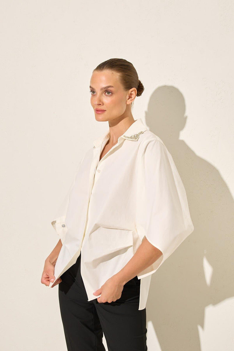 Setre Shirt With Stone And Sleeve Detail On The Collar Ecru