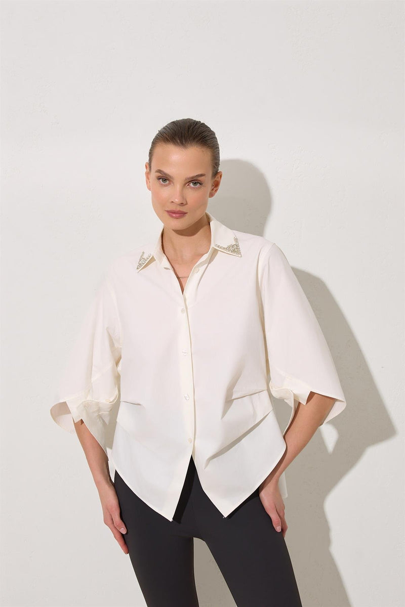 Setre Shirt With Stone And Sleeve Detail On The Collar Ecru