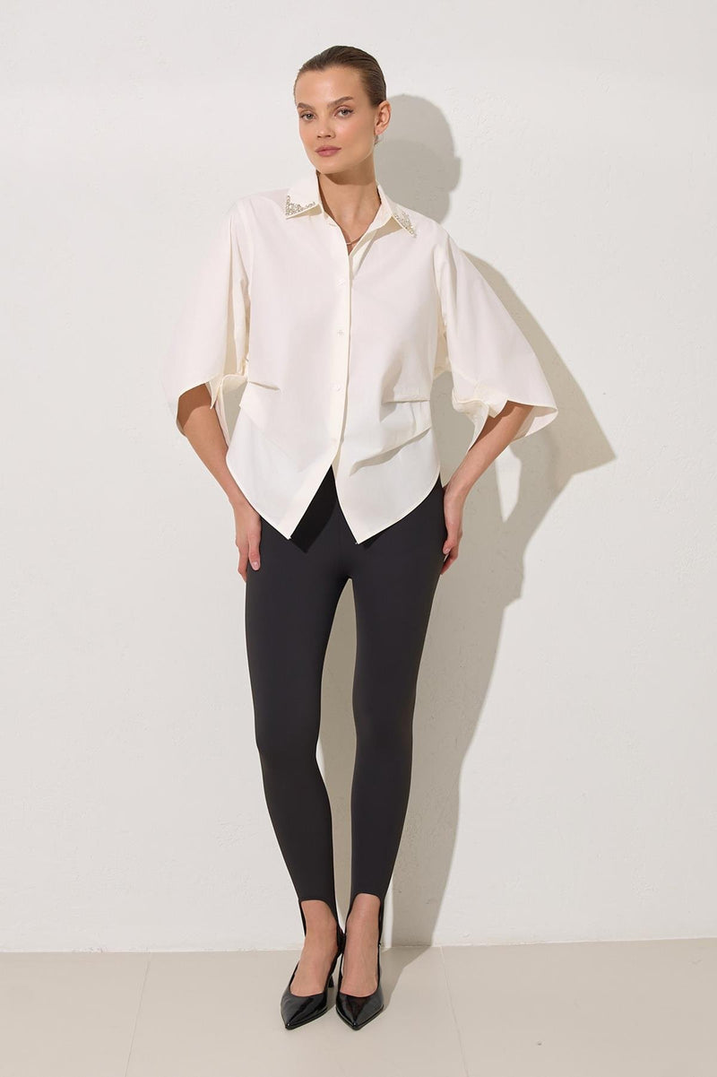 Setre Shirt With Stone And Sleeve Detail On The Collar Ecru