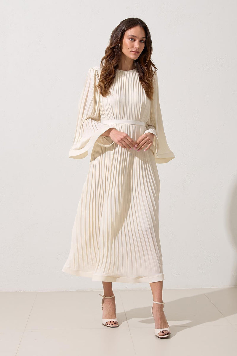 Setre Waist Belt And Pleat Detailed Midi Length Dress Cream