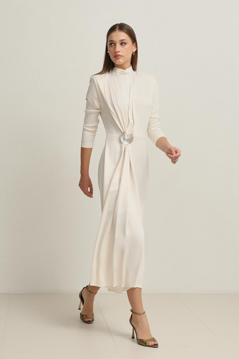 Setre Waist Buckle Detailed Turtleneck Midi Length Dress Cream