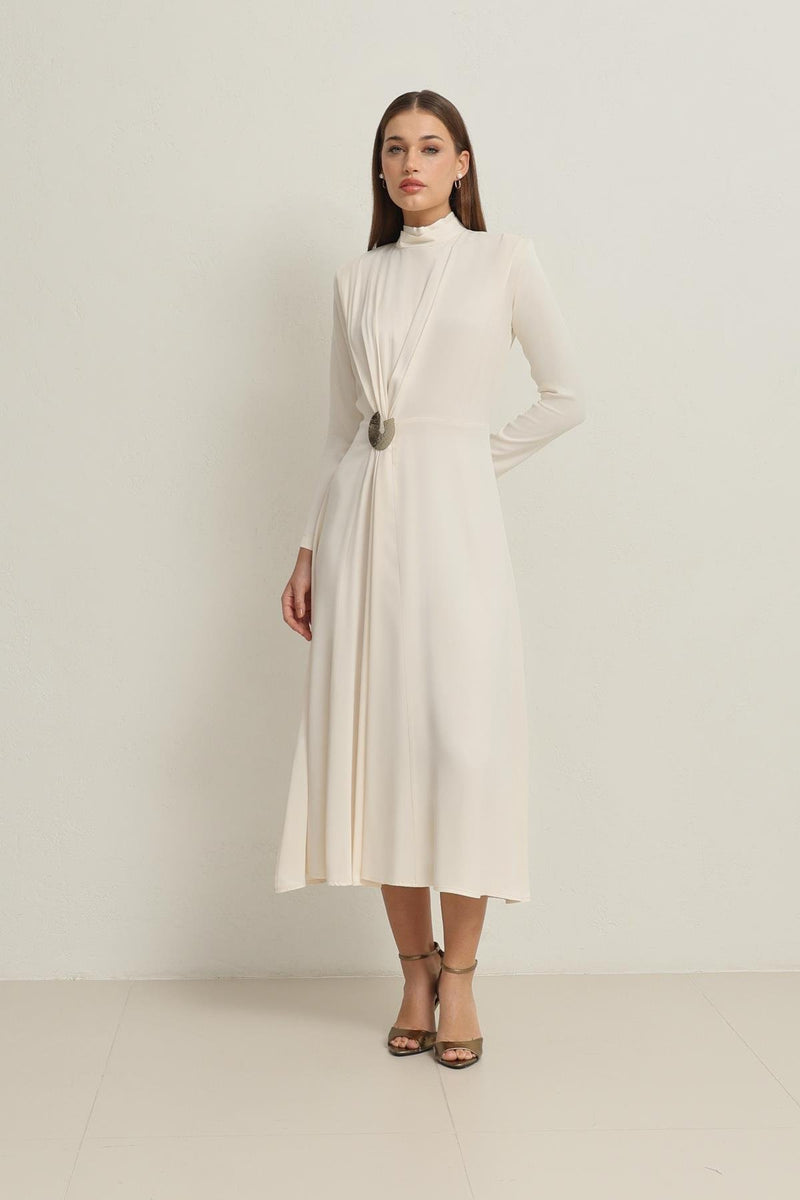 Setre Waist Buckle Detailed Turtleneck Midi Length Dress Cream