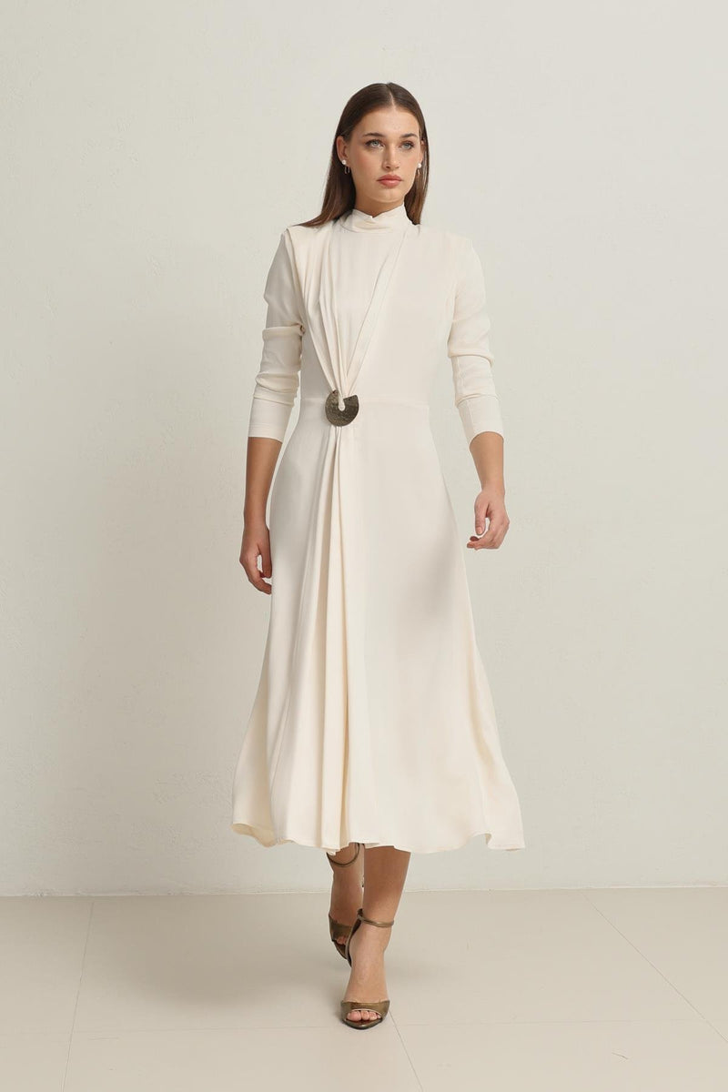 Setre Waist Buckle Detailed Turtleneck Midi Length Dress Cream