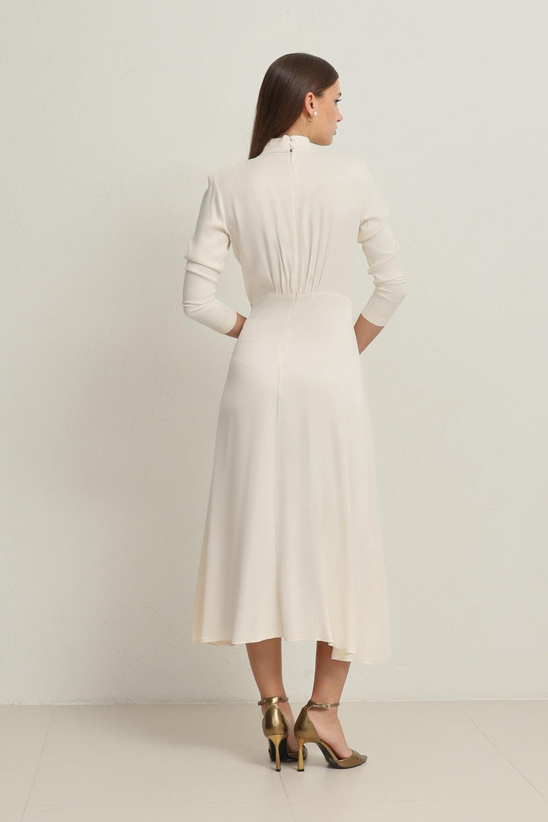 Setre Waist Buckle Detailed Turtleneck Midi Length Dress Cream
