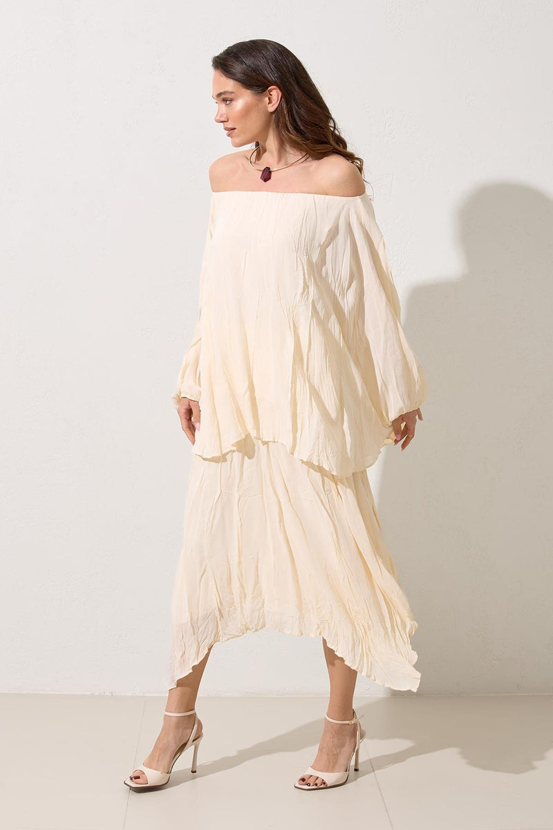 Setre Relaxed Cut Blouse Midi Length Asymmetrical Skirt Suit Cream