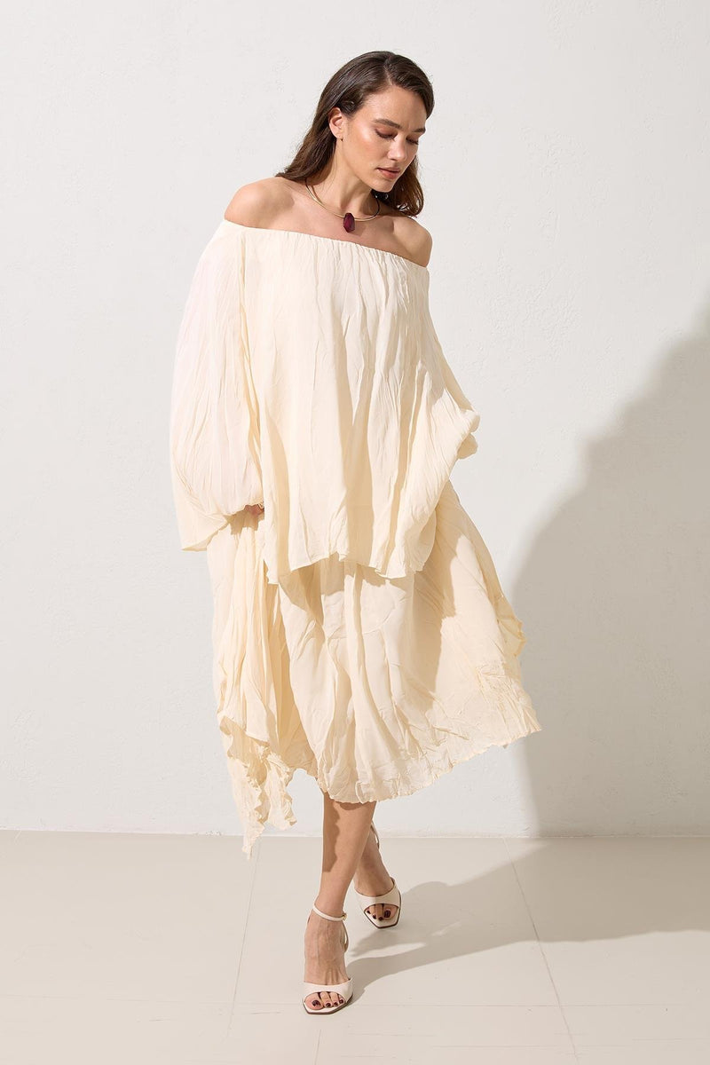 Setre Relaxed Cut Blouse Midi Length Asymmetrical Skirt Suit Cream