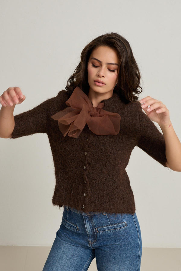Setre Bow Detailed Short Sleeve Knitwear Light Brown