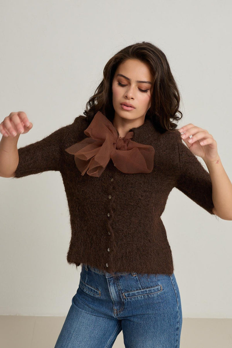 Setre Bow Detailed Short Sleeve Knitwear Light Brown