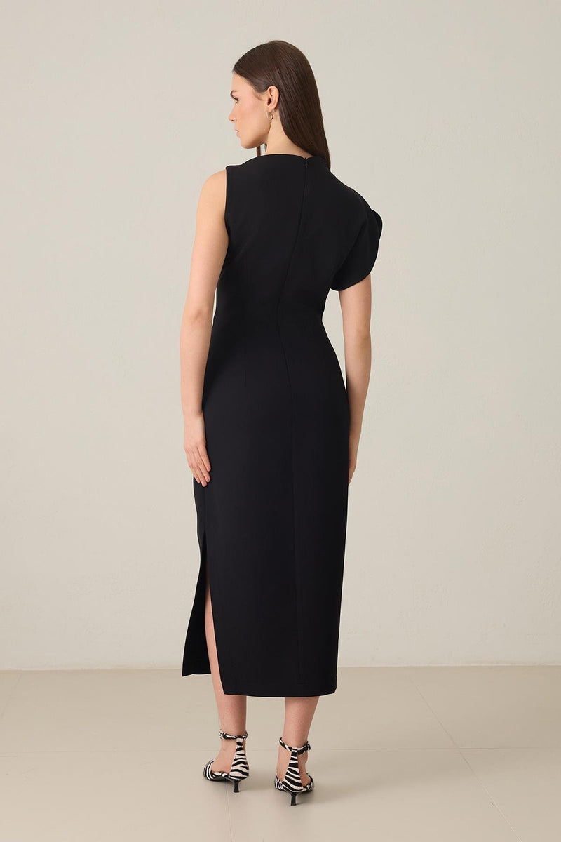 Setre One Shoulder Detailed Full Cut Midi Length Dress Black