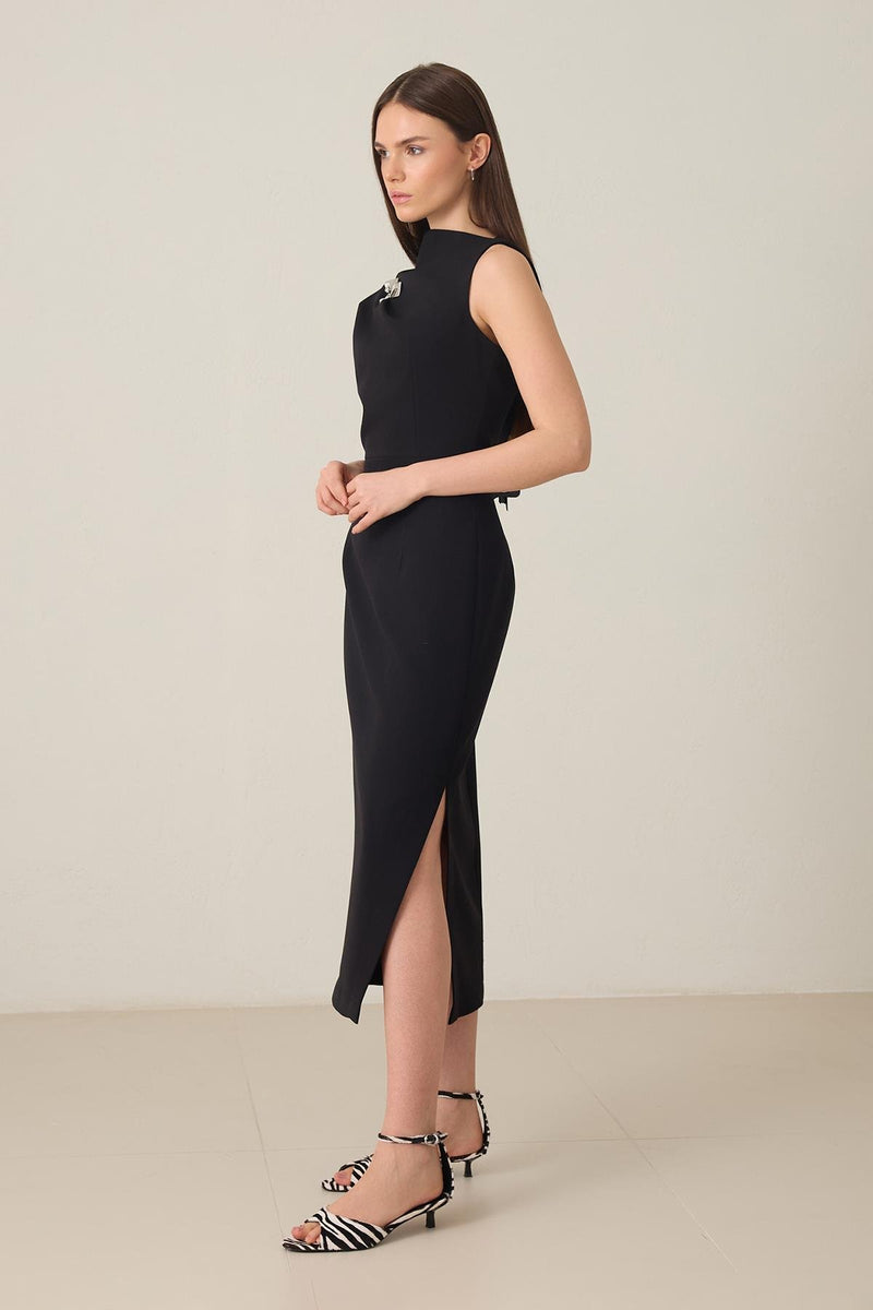 Setre One Shoulder Detailed Full Cut Midi Length Dress Black
