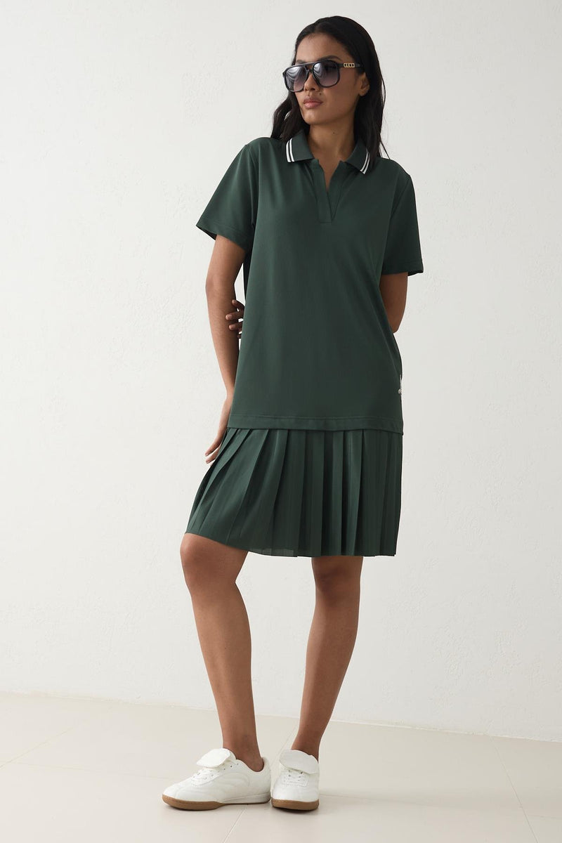 Setre Collar And Pleated Short Sleeve Dress Green