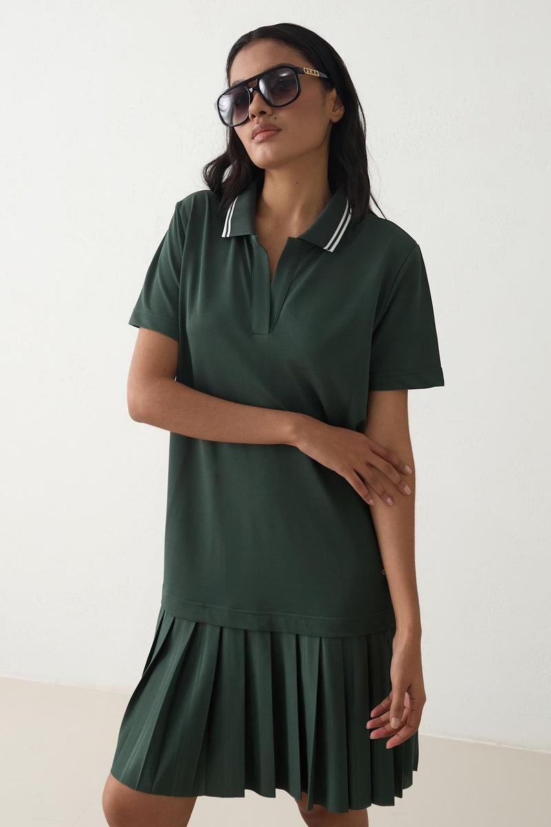Setre Collar And Pleated Short Sleeve Dress Green