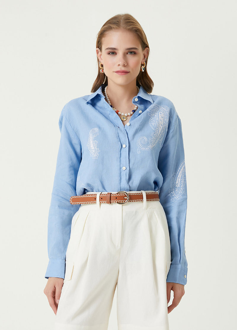 Beymen Club Ethnic Embroidered Linen Shirt Light Blue