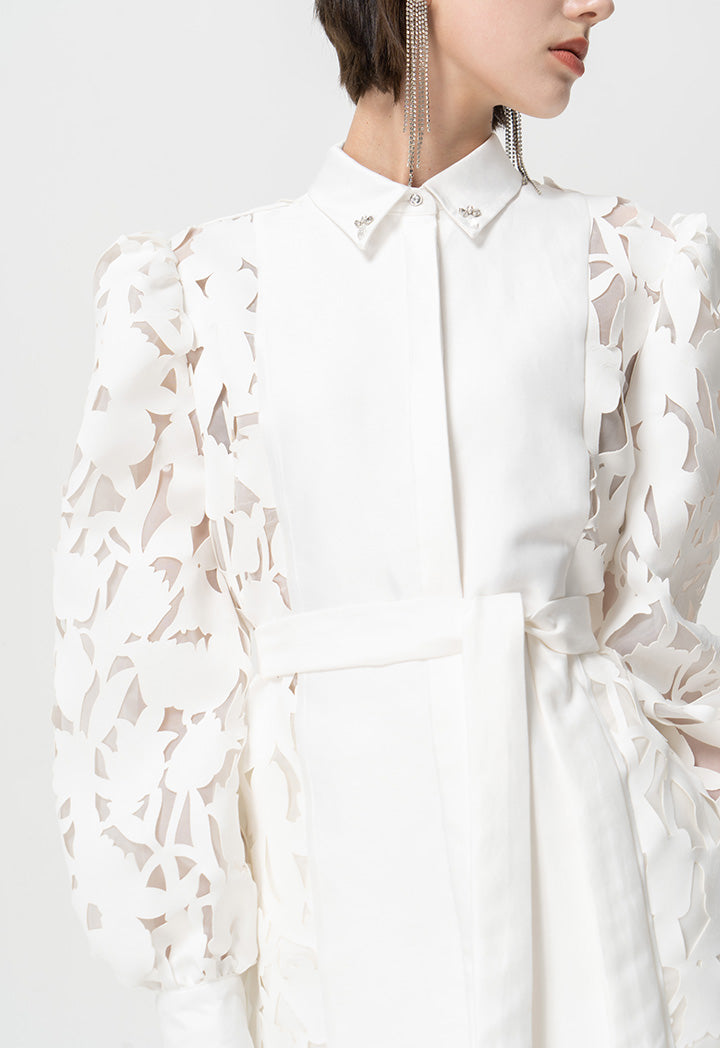 Choice Solid Laser Cut Fabric Organza Shirt Offwhite