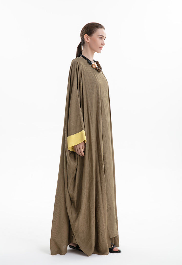 Choice Solid Abaya With Contrast Sleeve Hem Khaki