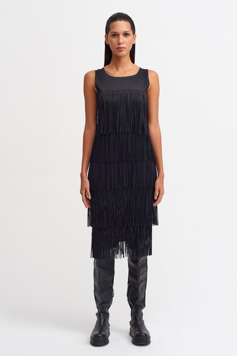 NU Layered Fringe Pleated Dress Black