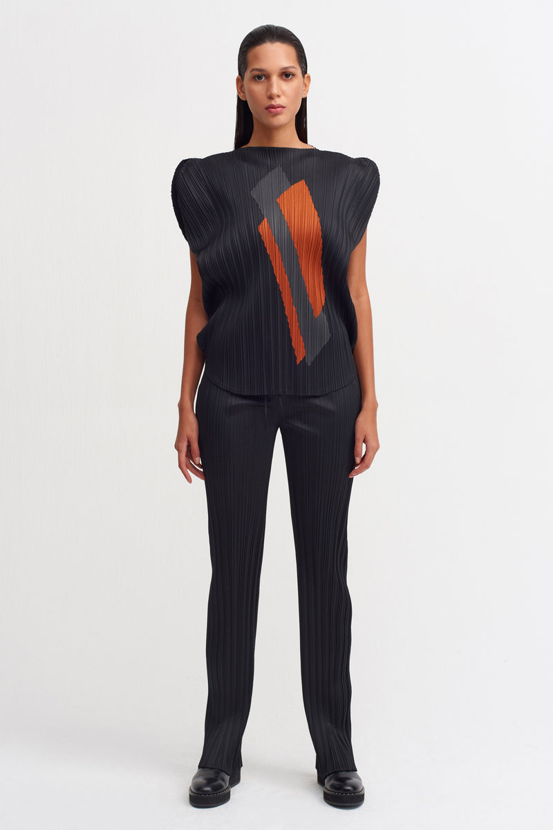 NU Colorblock Pleated Blouse Terracotta/Black