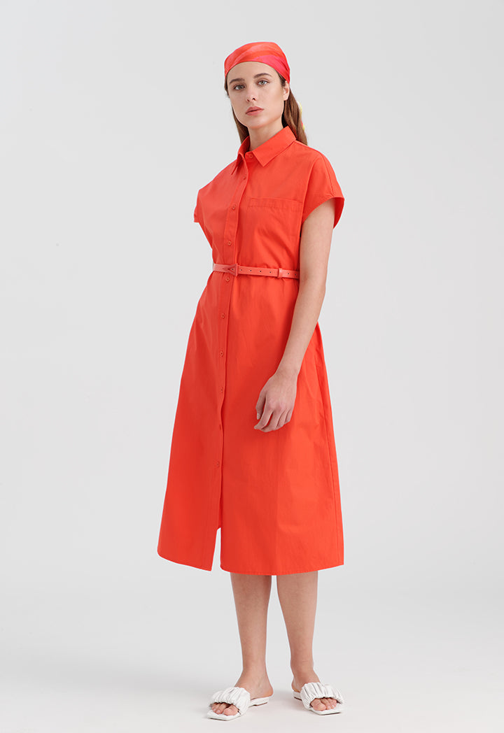 Choice Solid Shirt Dress With Belt Coral Red