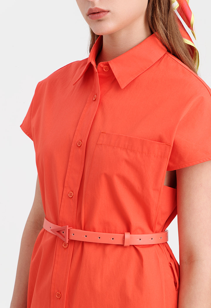 Choice Solid Shirt Dress With Belt Coral Red