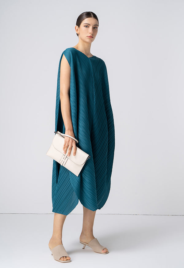 Choice Solid Sleeveless Pleated Asymmetrical Dress Teal