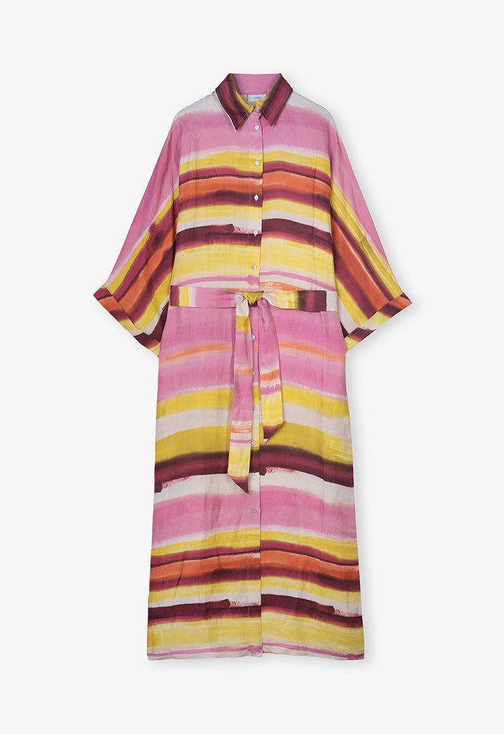 Choice Printed Belted Maxi Shirt Dress  Pink Print