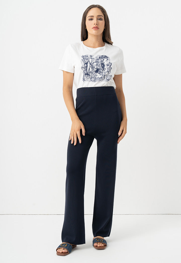 Choice Elastic Waist Straight Legs Trousers Navy