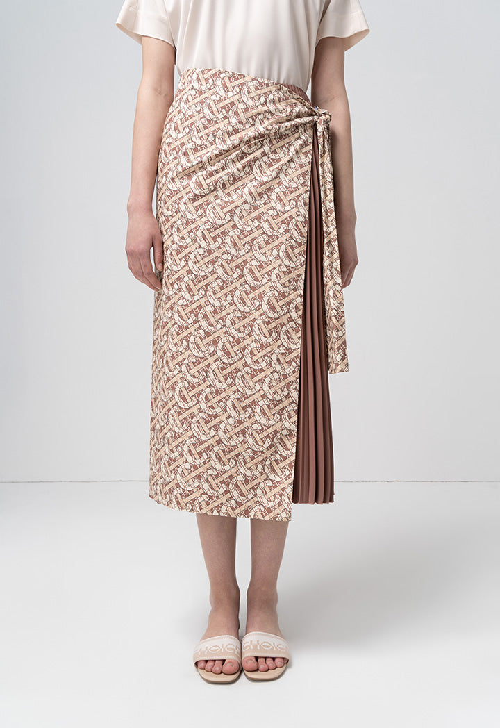 Choice Printed Monogram Wrap Flared Maxi Skirt Brown