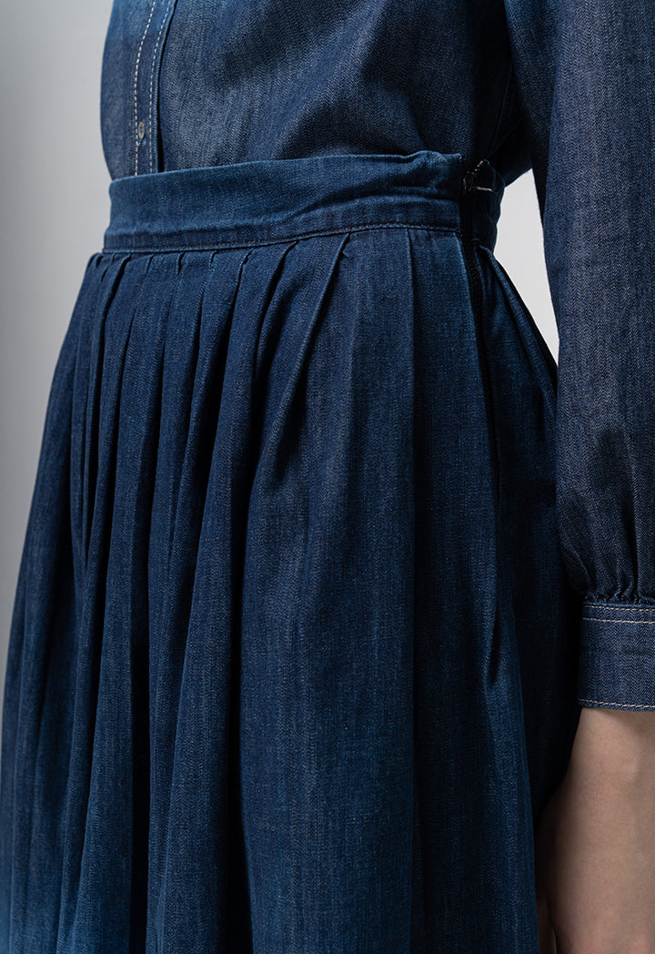 Choice Box Pleated Ombre Flared Denim Skirt Blue