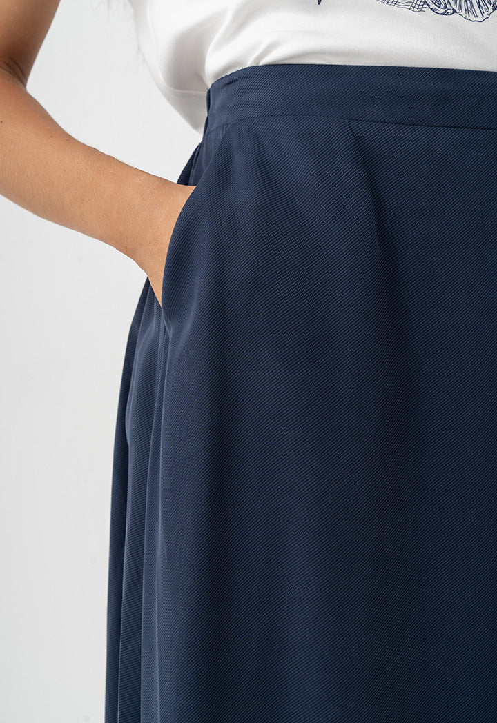 Choice Solid Pleated Flared Skirt Navy