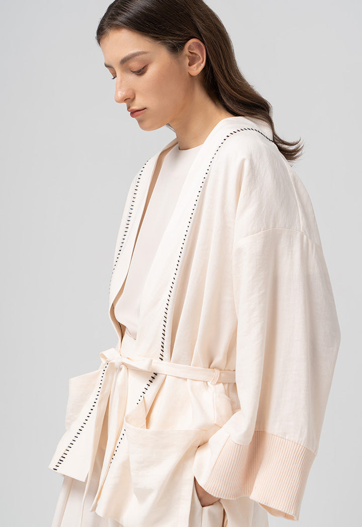 Choice Drop Shoulder Blanket Stitch Open Cardigan  Sand