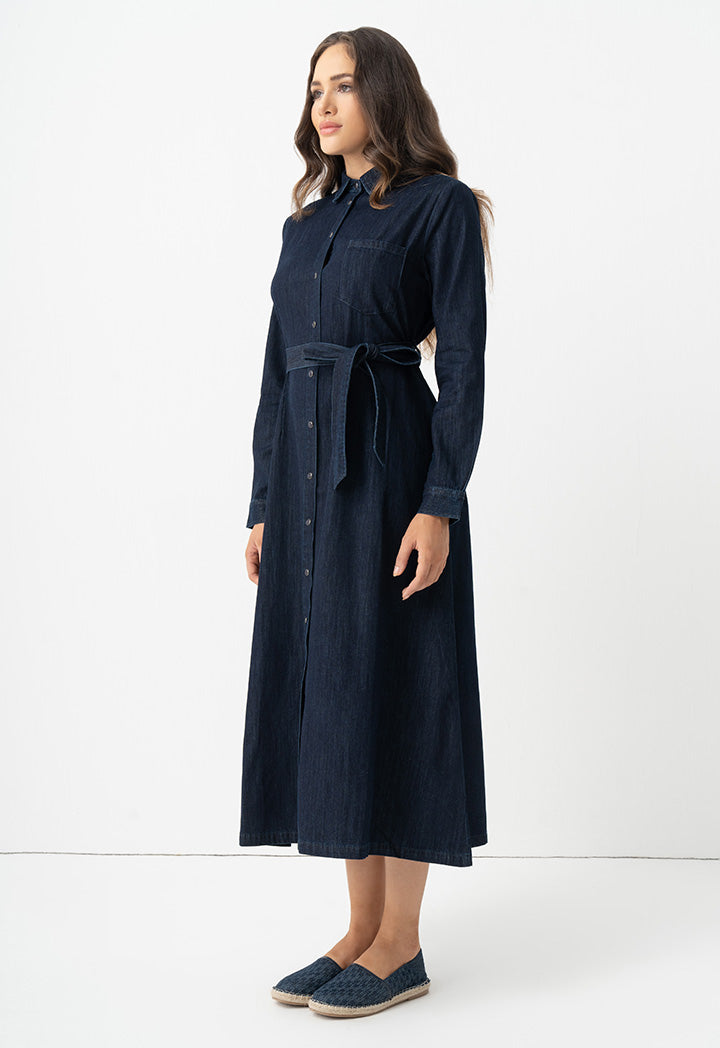 Choice Long Sleeves Denim Belted Shirt Dress Denim Blue