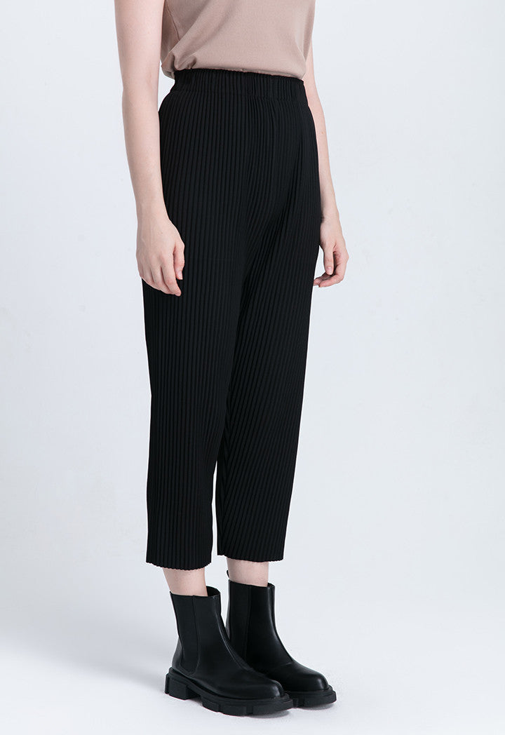 Choice Elastic Waist High Rise Pleated Pants Black