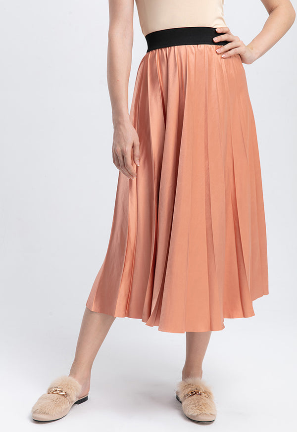 Choice Contrast Color Exposed Waist Elastic Pleated Skirt Apricot