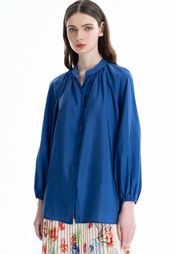 Choice Gathered Solid Basic Blouse Indigo