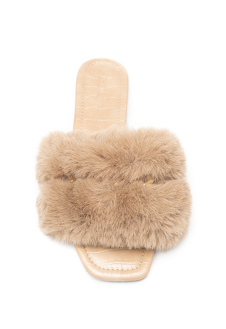 Choice Fluffy Faux Fur Chain Sandal Beige