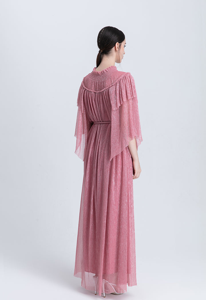 Choice Smocked Neck Ruffle Lurex Maxi Dress Pink