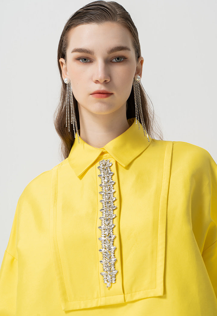 Choice Shirt Collar Embellished Crystal Dress Yellow